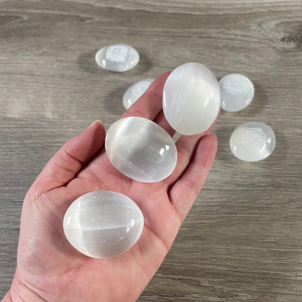 Selenite Small Palm Stones – Etched Chakra Symbols Set of 7 Healing Crystals