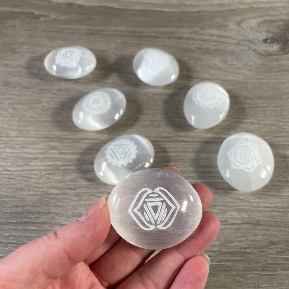 Engraved chakra symbol selenite crystals for spiritual shops