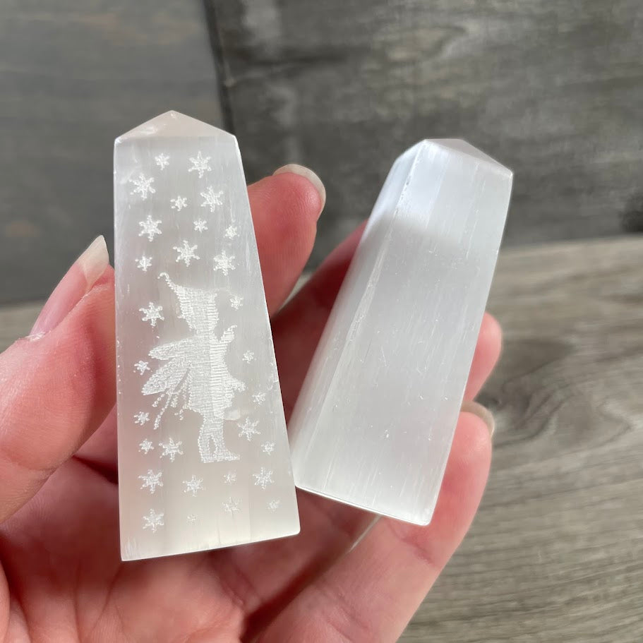 Etched Fairy on Egyptian Style Selenite Obelisk for gift shops