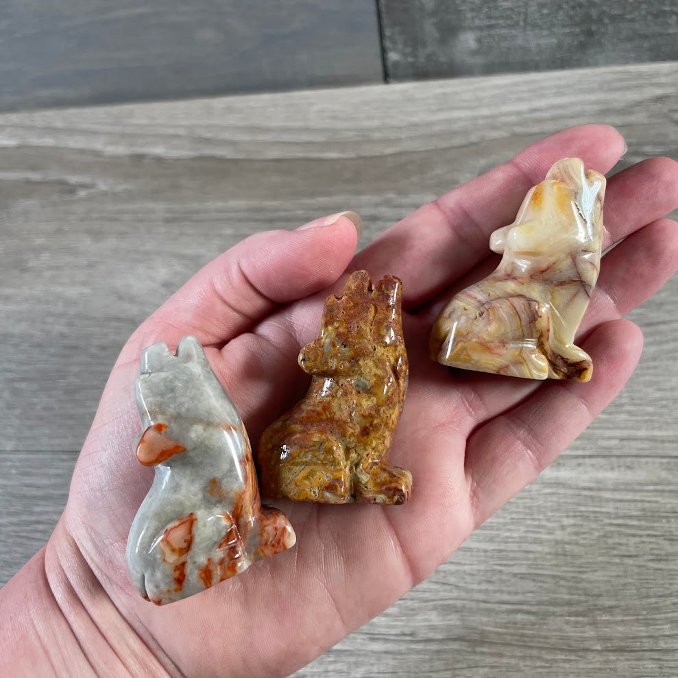 Natural stone coyote figurine with assorted gemstone colors and unique carved details