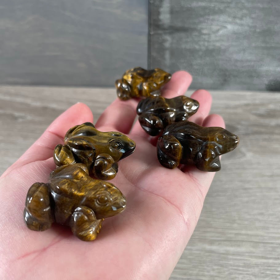 gemstone animal carvings frogs in tiger eye