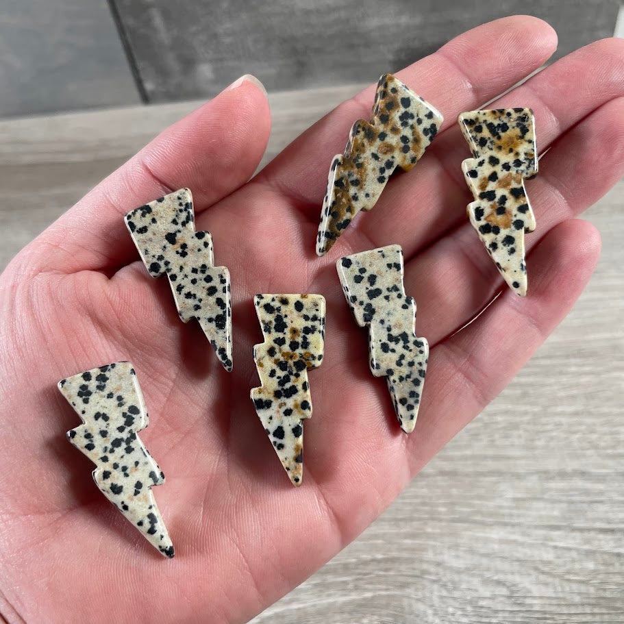 Dalmatian Jasper gemstone energy symbol lightning bolt carvings ideal for crystal stores