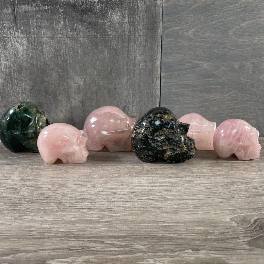 Gemstone skull carvings in assorted stones
