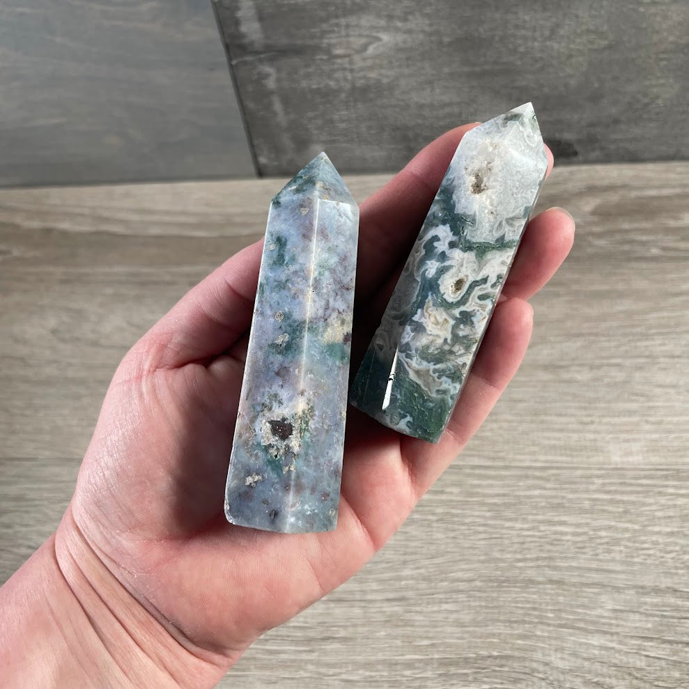 Moss agate crystal towers wholesale metaphysical shop supplies