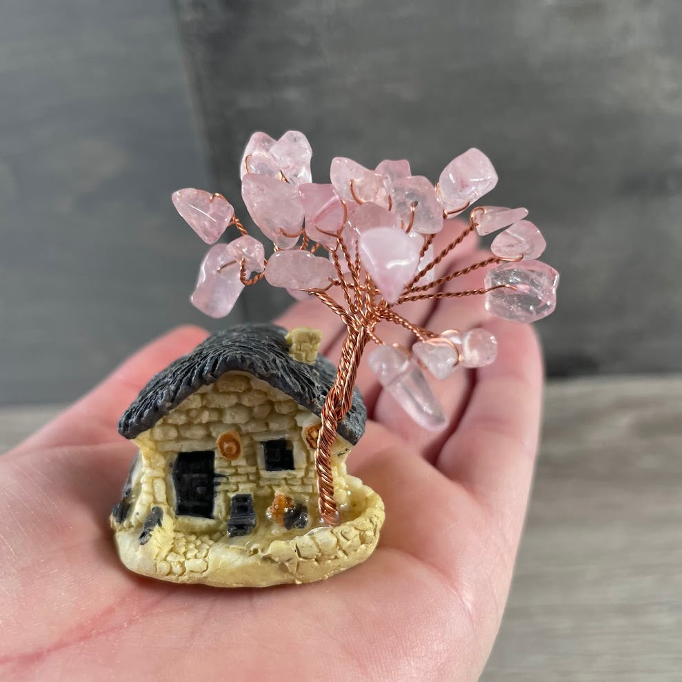 Rose quartz boho gemstone tree decor with fairy house for bulk orders