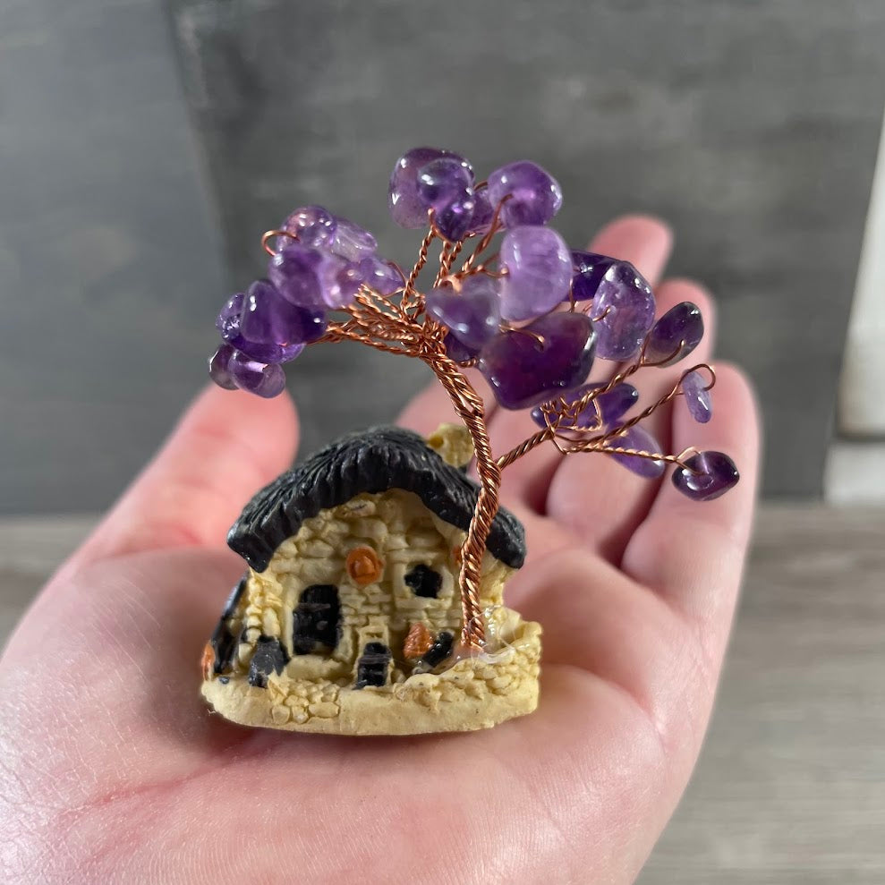 Amethyst gemstone tree spiritual home decor with fairy house