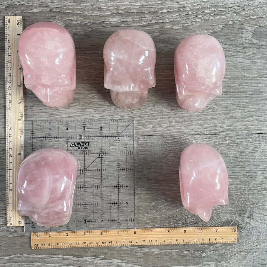 Lot of 5 rose quartz skulls, with grid and rulers for size reference.