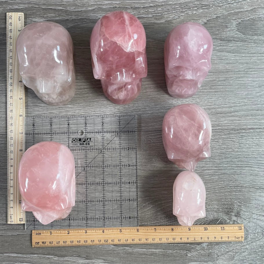 Lot of 6 rose quartz skulls, with grid and rulers for size reference.