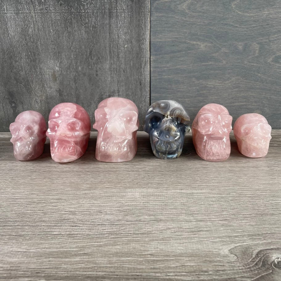Lot of five rose quartz skulls and one Botswana agate skull, facing forwards.