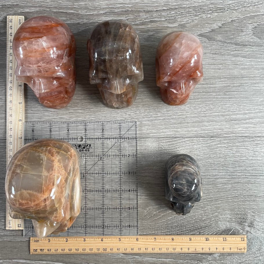 Lot of five crystal skulls: one peach moonstone, one black moonstone, and three hematoid quartz. With grid and rulers for size reference.