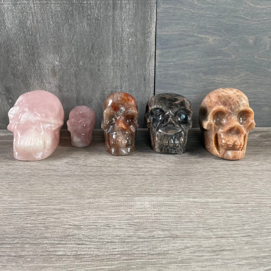 Lot of two rose quartz, one hematoid quartz, one black moonstone, and one peach moonstone skull; facing forwards.