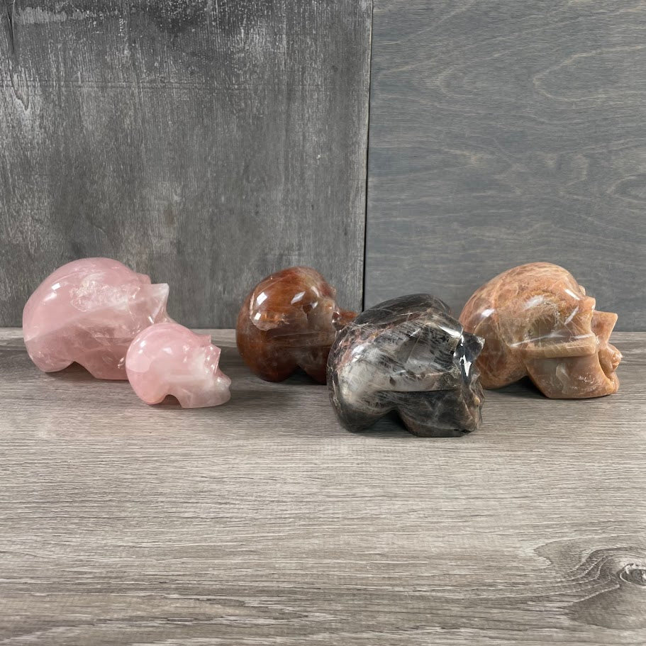 Lot of two rose quartz, one hematoid quartz, one black moonstone, and one peach moonstone skull; facing sideways.