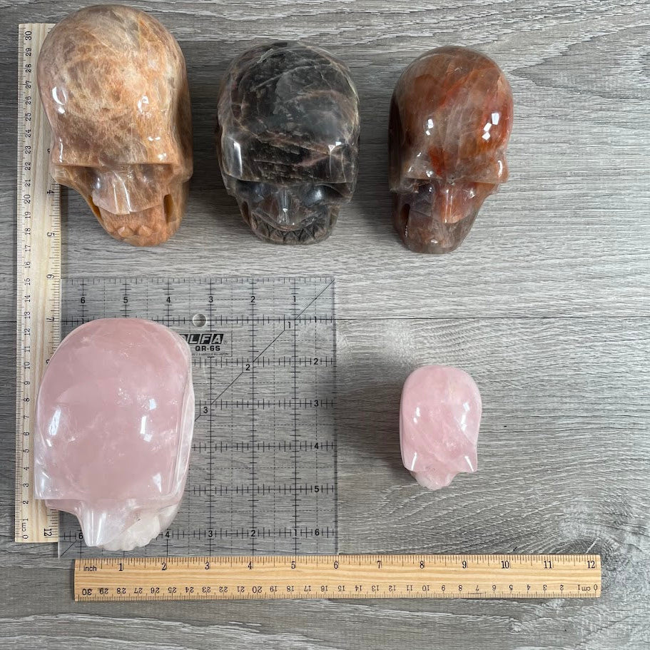 Lot of five crystal skulls: one peach moonstone, one black moonstone, one hematoid quartz and two rose quartz quartz. With grid and rulers for size reference.