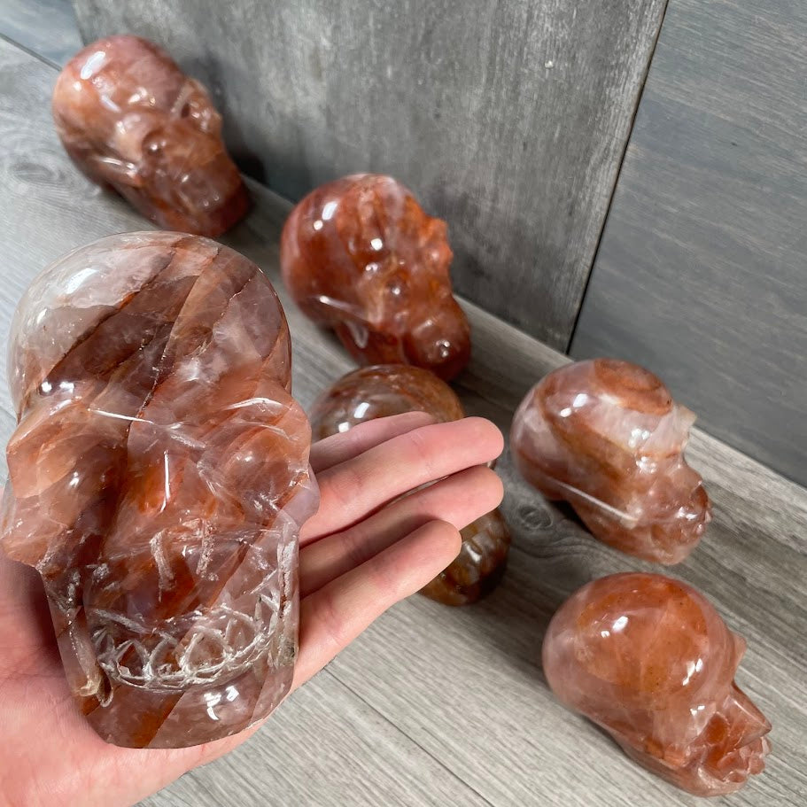 Close up of hematoid quartz skull with other skulls in the background.