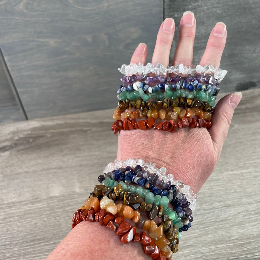 Set of Crystal healing bracelets aligned to chakras for spiritual shops