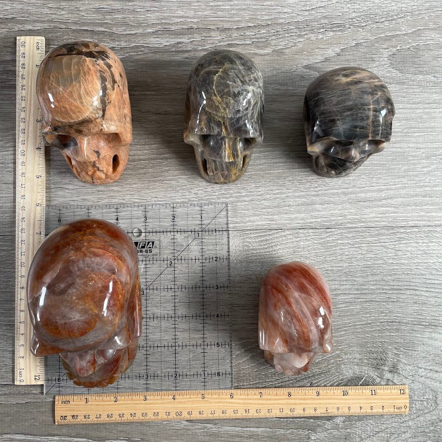 Lot of five crystal skulls: one peach moonstone, two black moonstone, and two hematoid quartz. With grid and rulers for size reference.