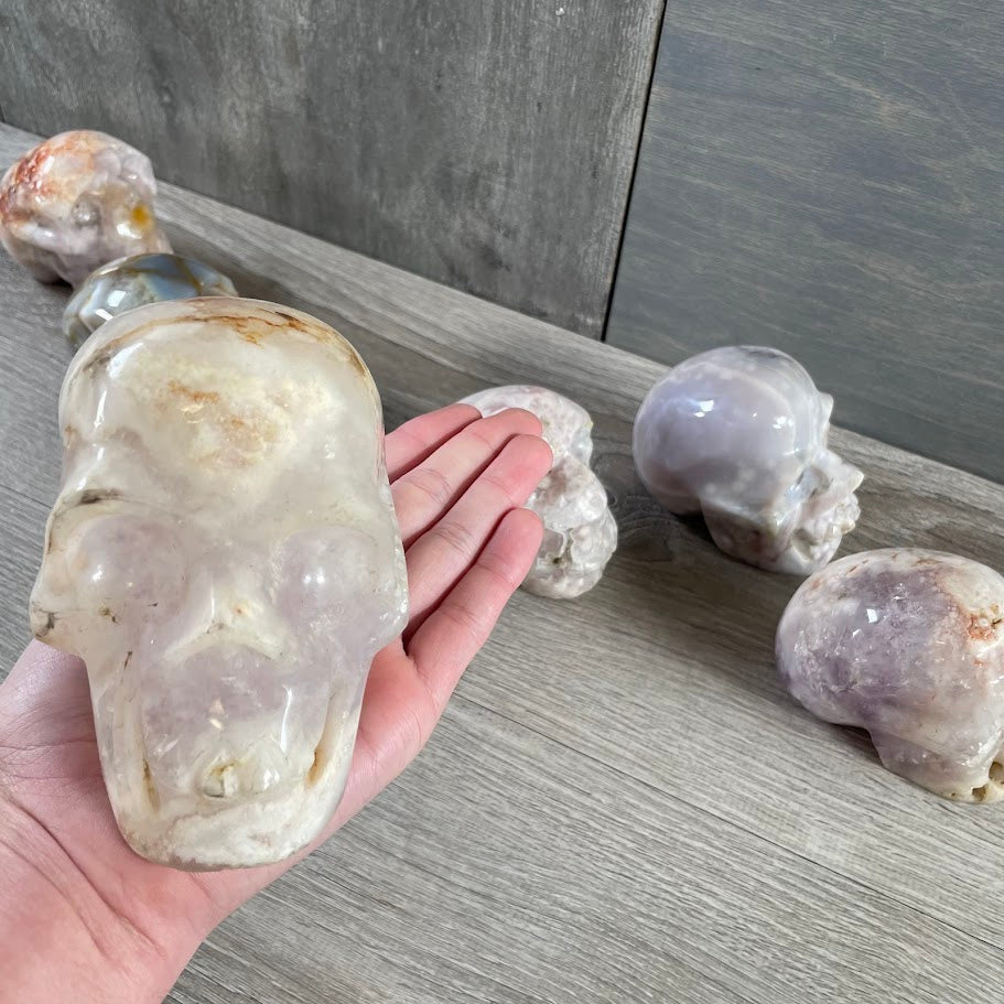 Close up of quartz skull with other skulls in the background.