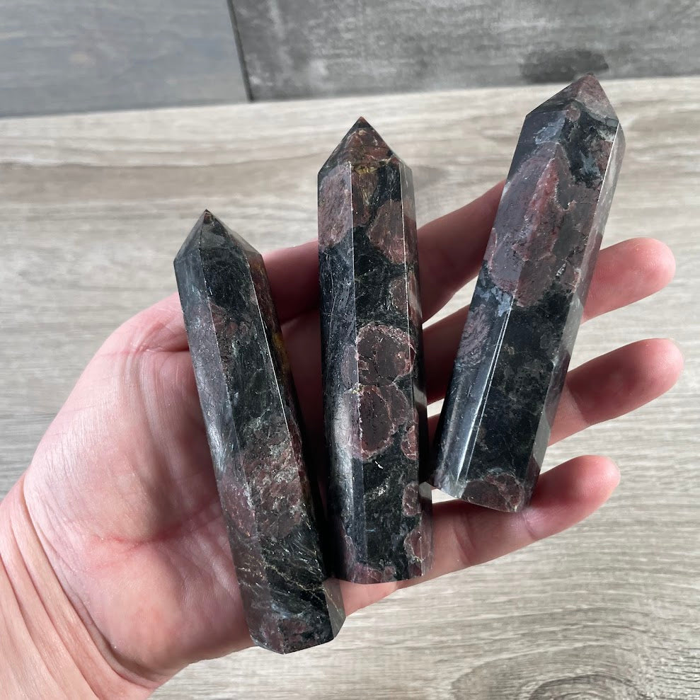Astrophyllite with garnet bulk crystal obelisks retail ready display pieces
