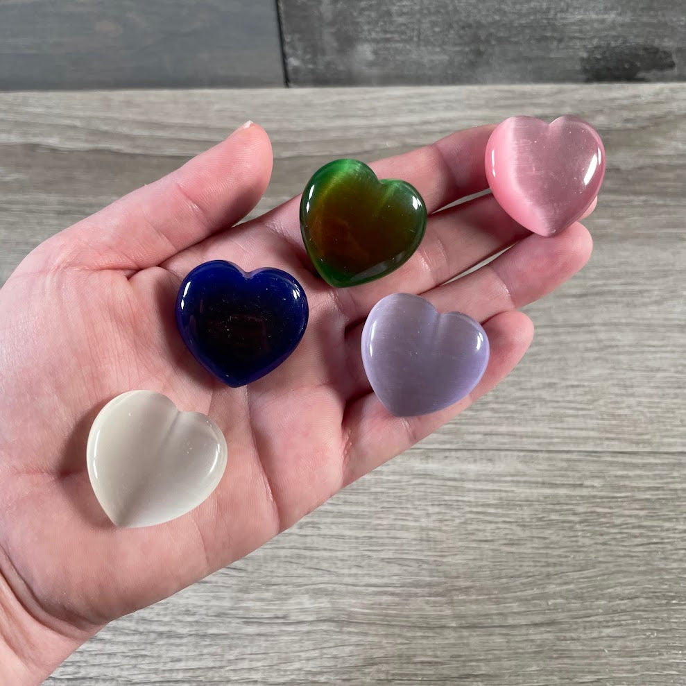 Assorted fiberoptic puffy heart crystals with polished reflective finish for gift shops