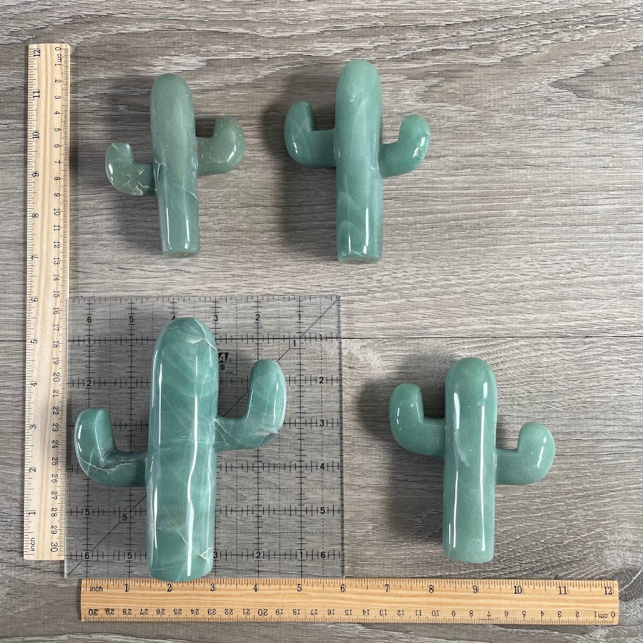 Four aventurine cacti with grid and rulers for size reference.
