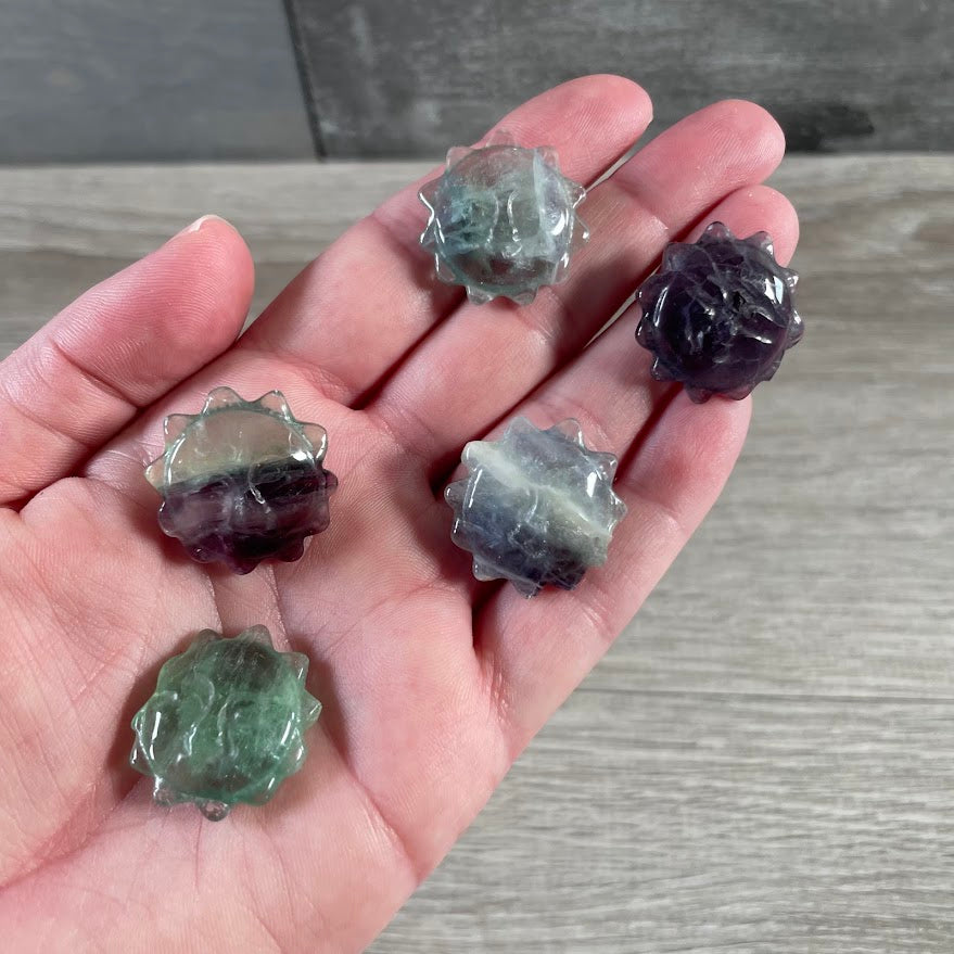 Fluorite small gemstone sun face figurines for wholesale crystal inventory