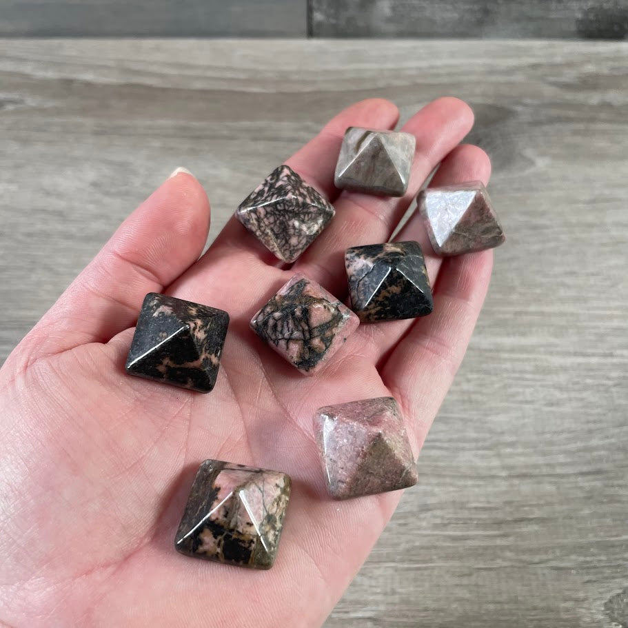 rhodonite bulk gemstone pyramids for metaphysical retailers