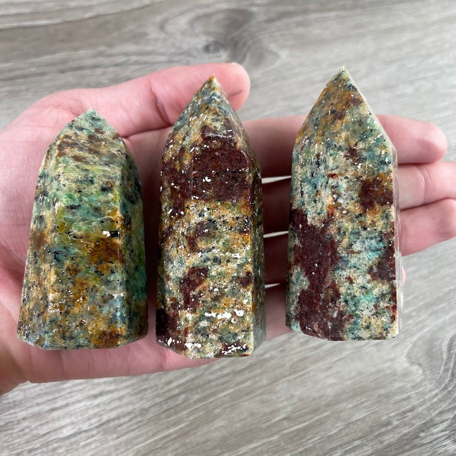 Amazonite in biotite crystal obelisk towers for gift shops
