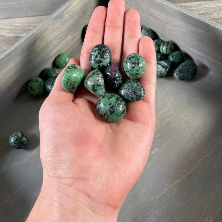 Green Zoisite with red Ruby inclusions tumbled stone assortment