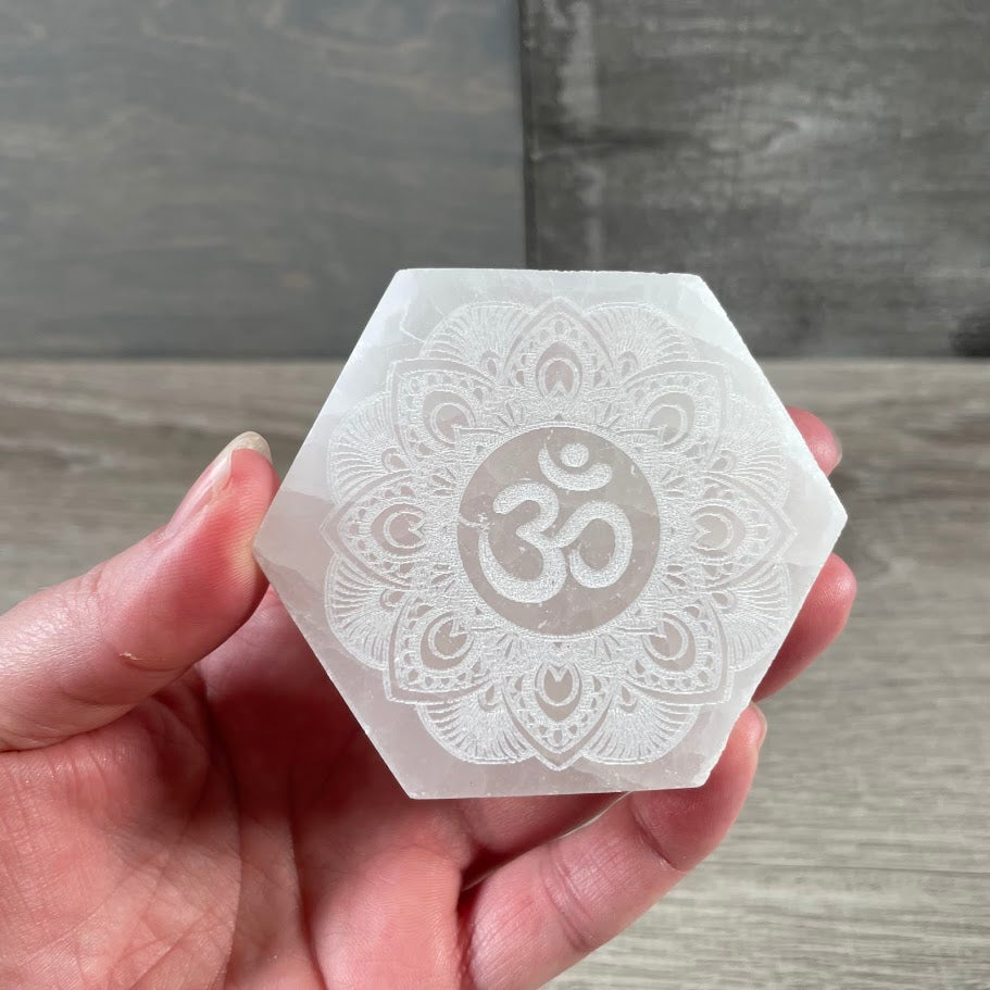 etched ohm with lotus flower for spiritual shops