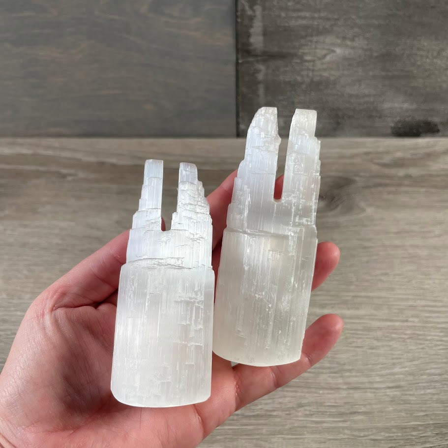 Mountain style selenite towers for spiritual stores