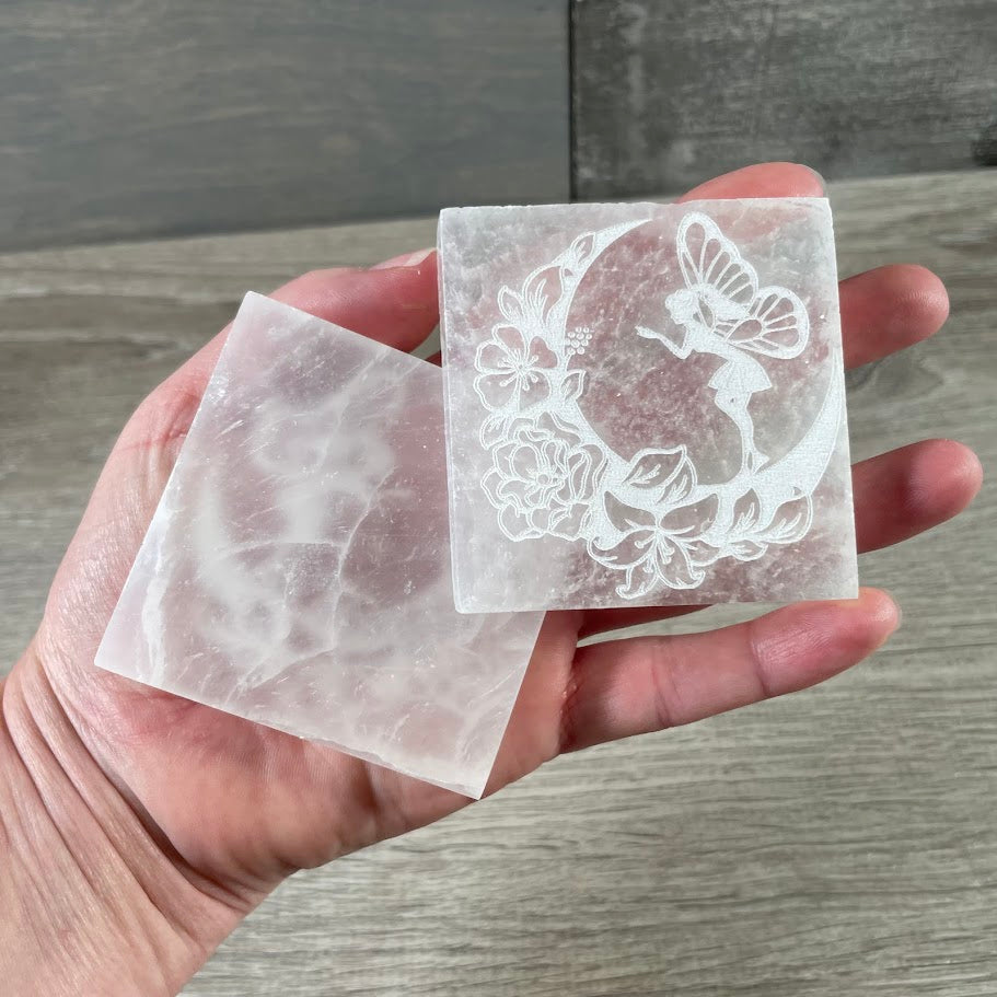 etched fairy on square selenite plate for gift shops