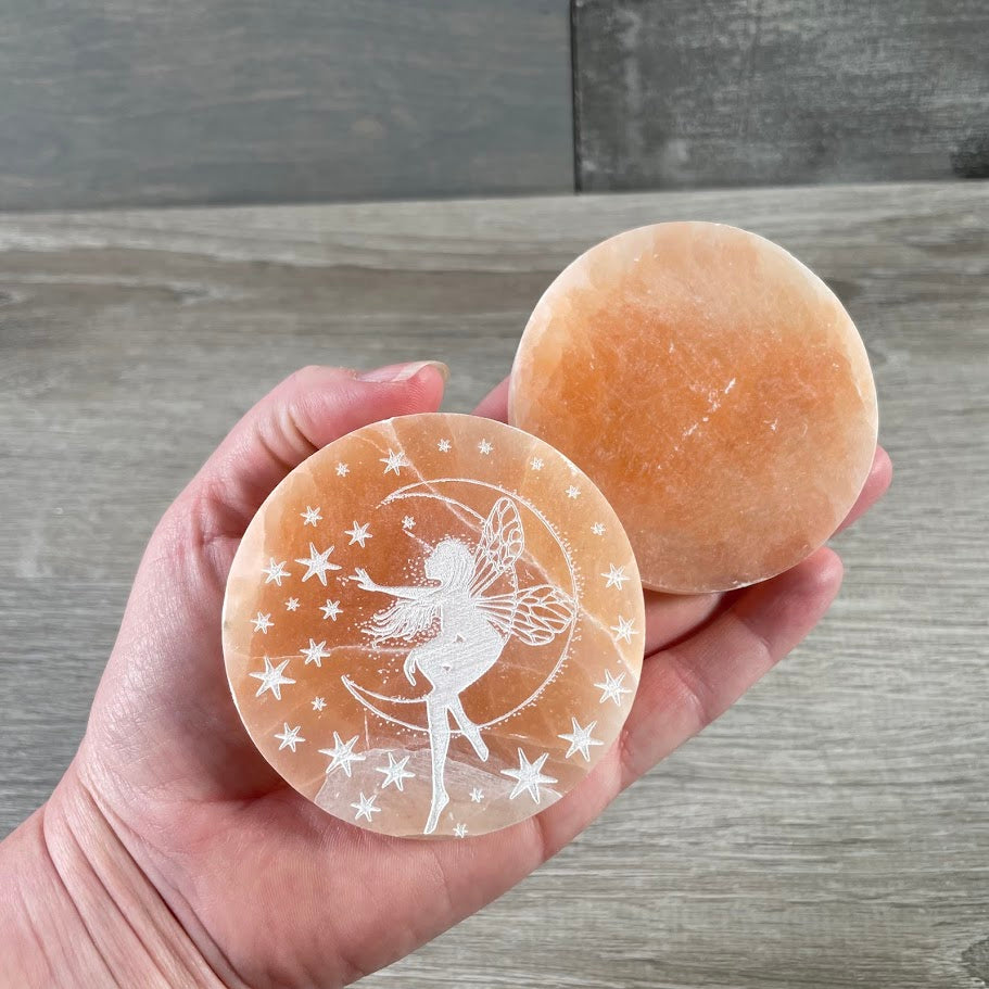 orange selenite etched fairy wholesale