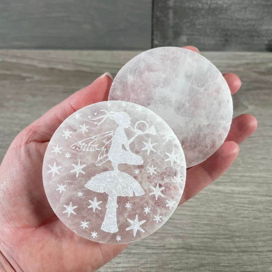Round etched fairy wholesale charging plate for rock shops