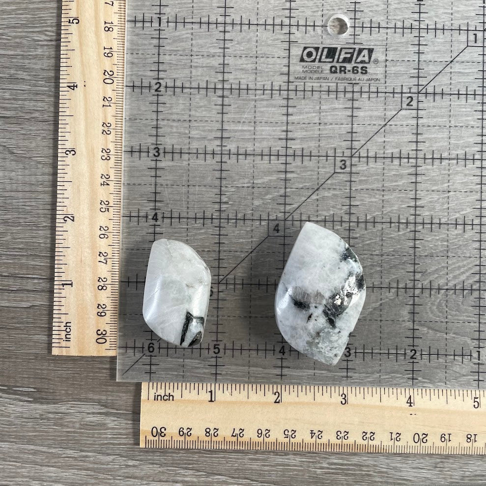 Rainbow Moonstone Freeform with Black Tourmaline polished crystal display stone