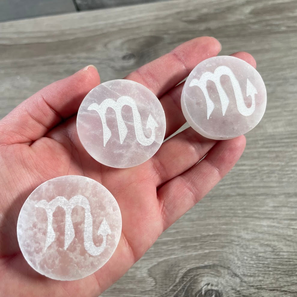 scorpio zodiac themed selenite slab for spiritual rituals