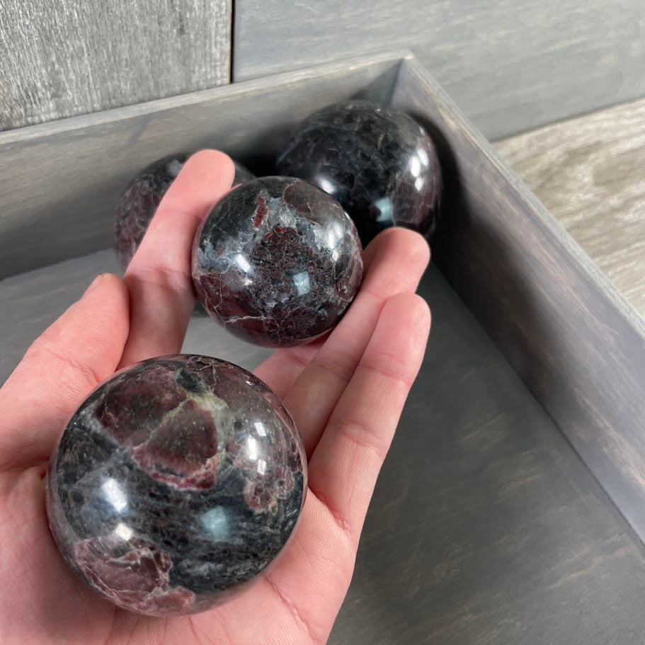 Astrophyllite with garnet spheres, black and red gemstones.