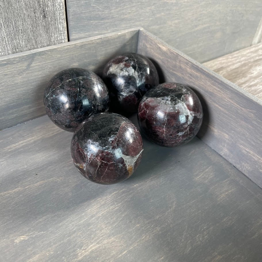 Lot of four astrophyllite with garnet spheres for wholesale.