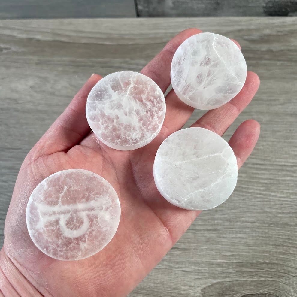 natural selenite zodiac charging disc for spiritual use