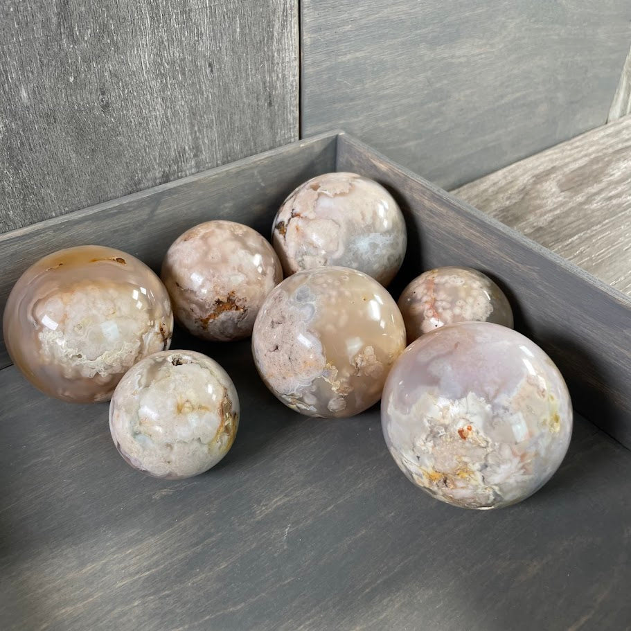 Flower agate spheres for resale.