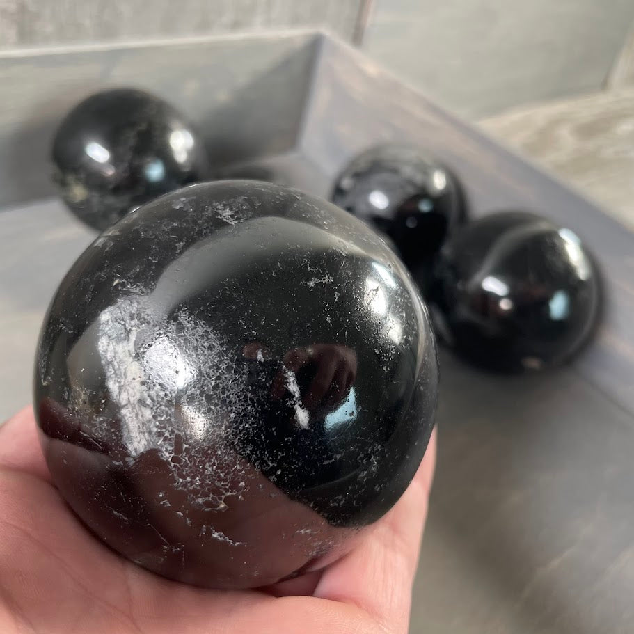 Black tourmaline metaphysical healing stone spheres for wholesale