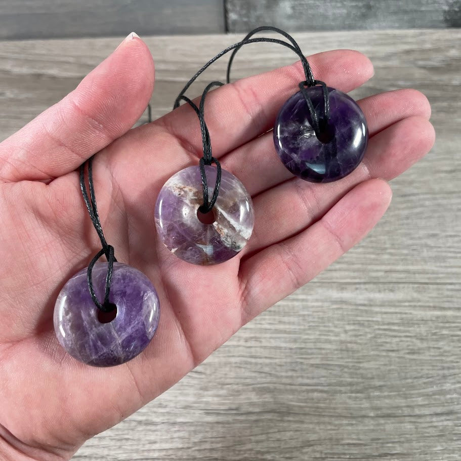 amethyst natural crystal donut pendant for spiritual healing jewelry