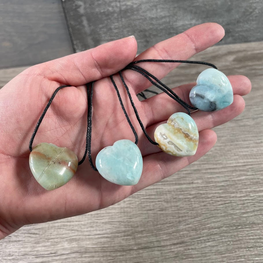 Amazonite crystal heart jewelry strung on adjustable cords for gift shops