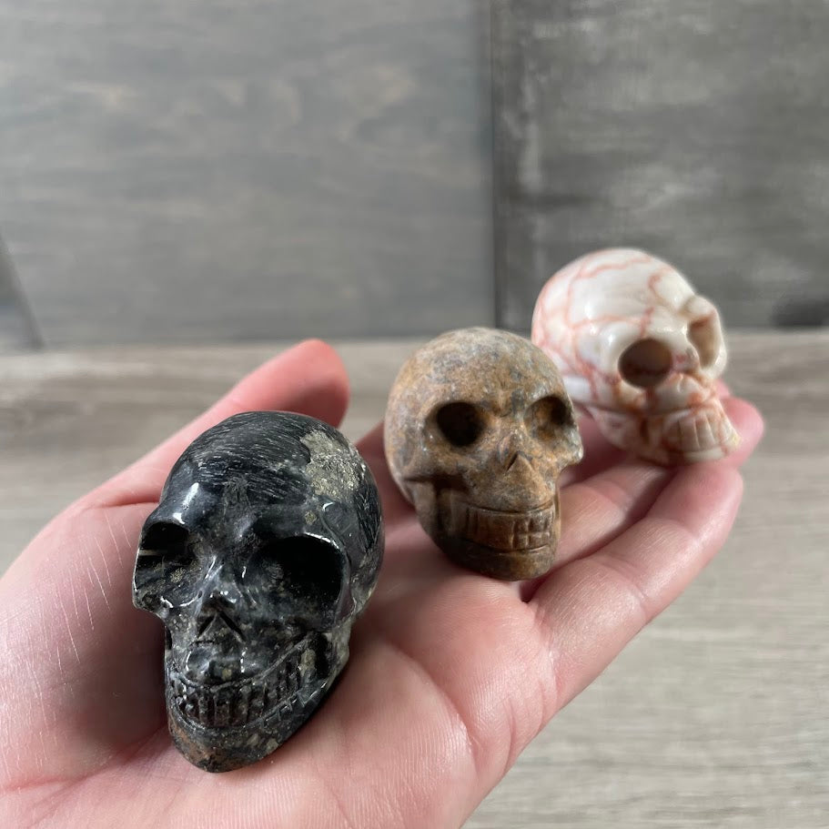 Assorted Gemstone Skull Figurines – Crystal Carvings in Bulk