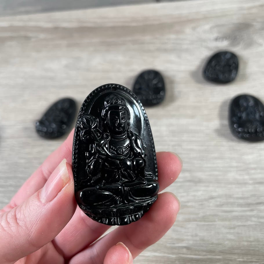 Black obsidian beads assorted deity carvings