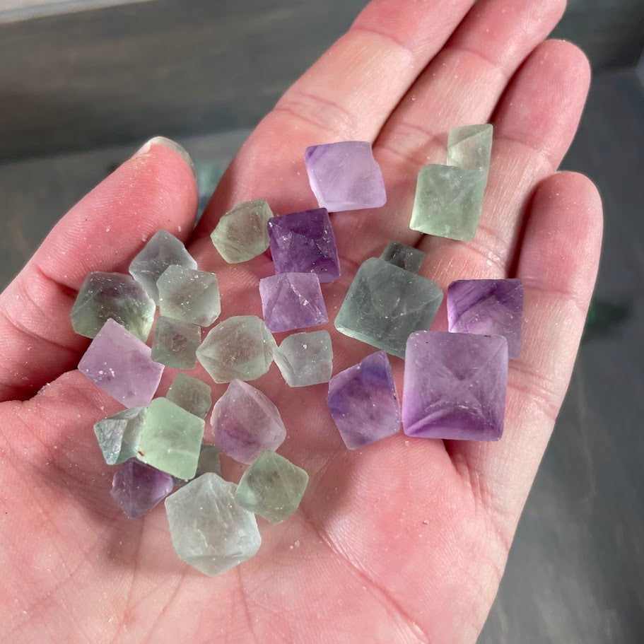 green and purple fluorite octahedrons for metaphysical shops