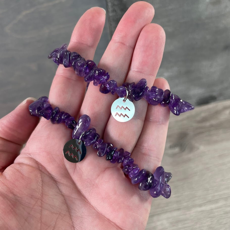 Stretch gemstone zodiac bracelets with astrology symbols