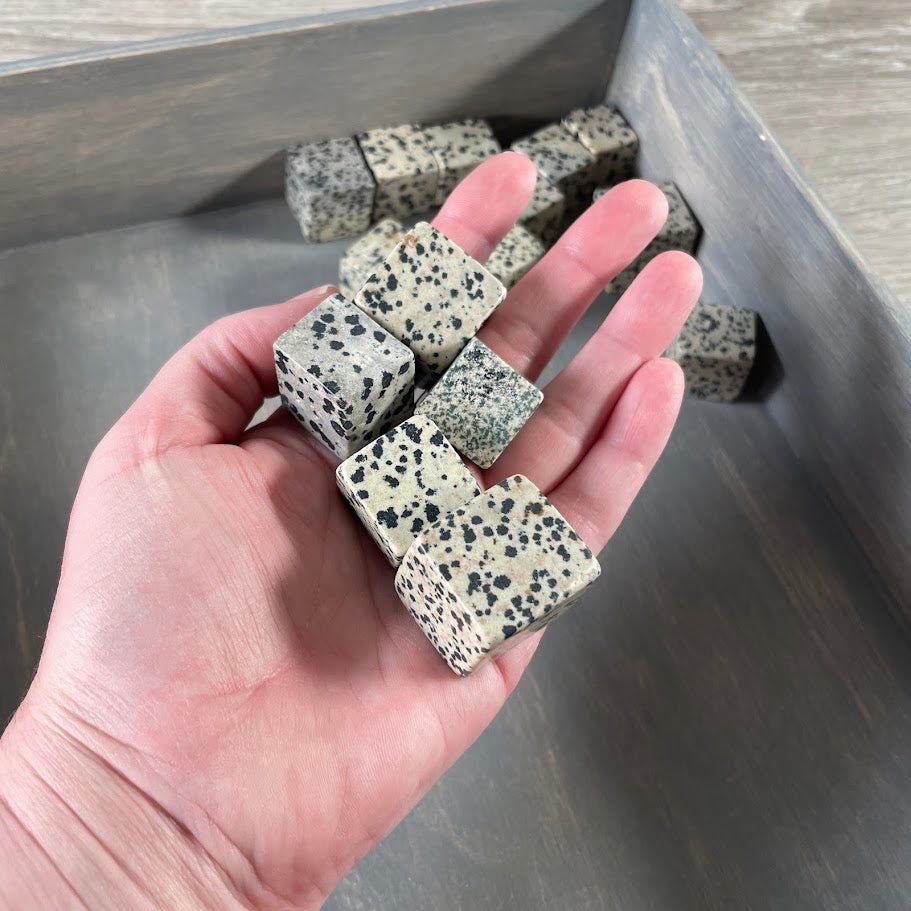Wholesale Dalmatian Jasper crystal cubes by the pound