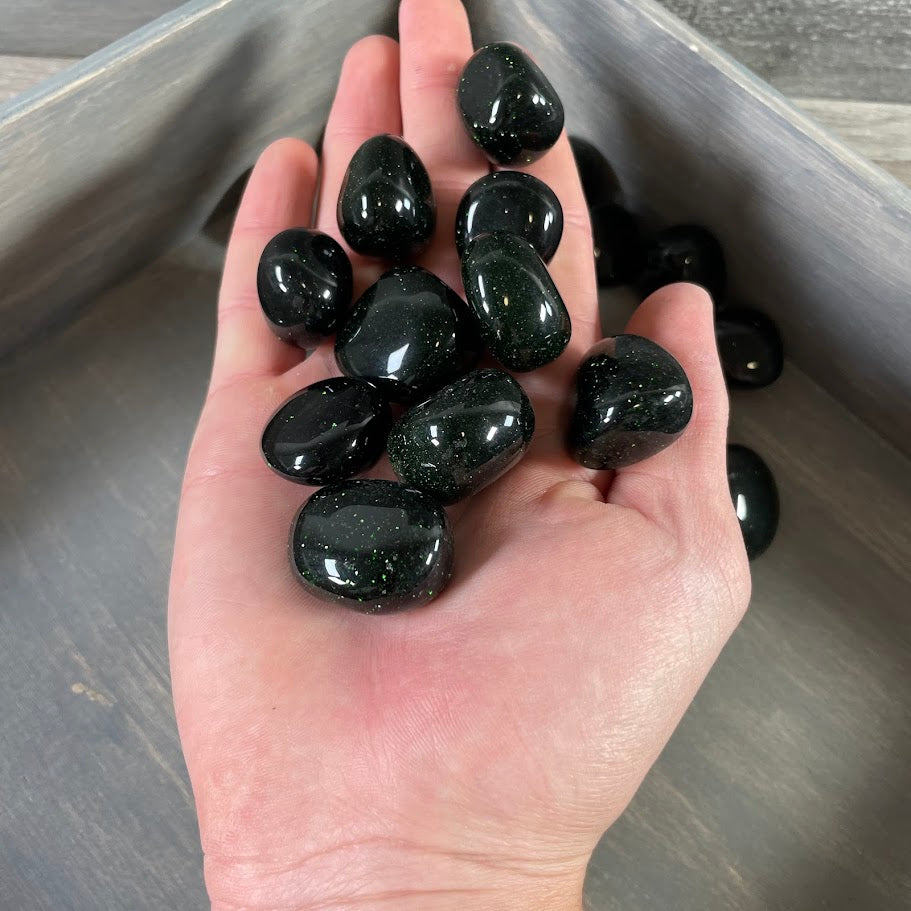 Green goldstone crystals bulk tumbled stones with sparkle