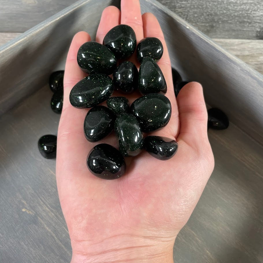 gift shop crystals, green goldstone tumbled stones