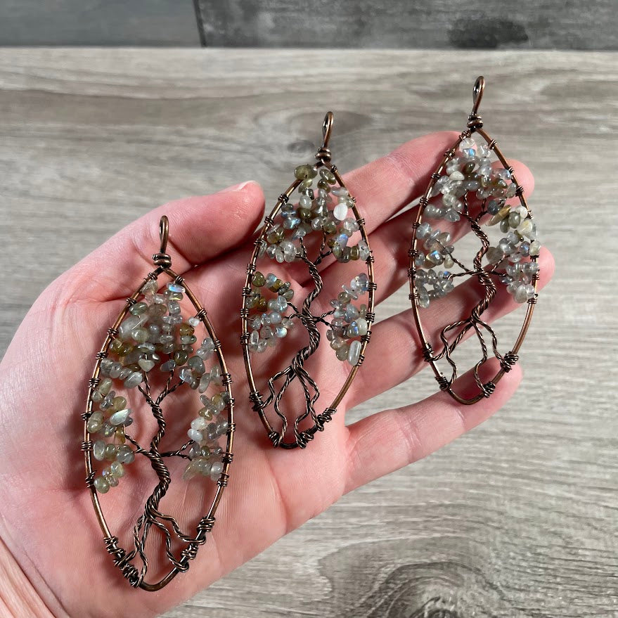 labradorite stone tree of life necklace in bronze